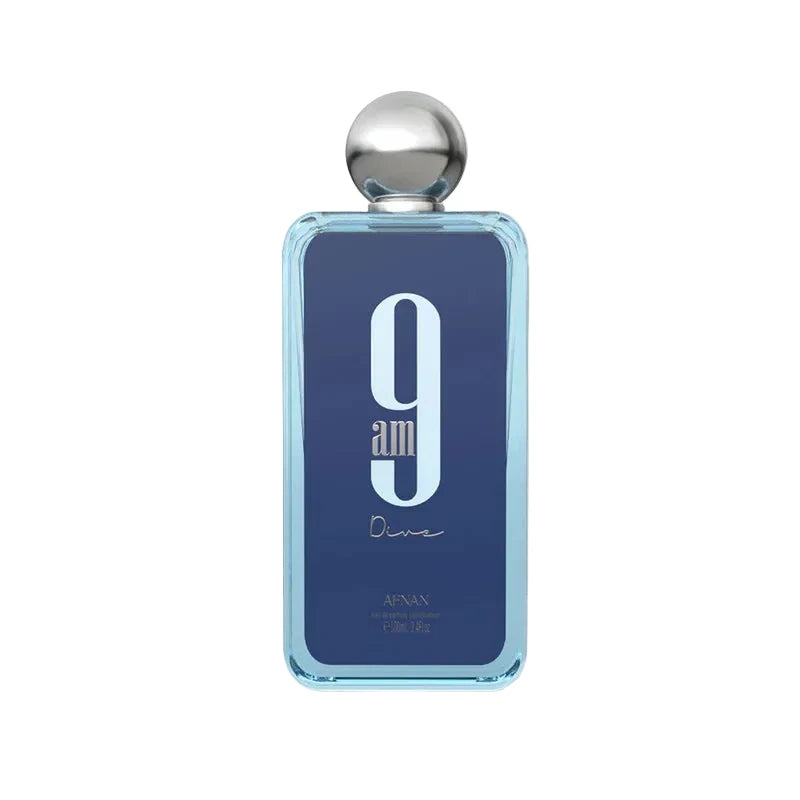 Perfume bottle with blue label and silver cap on a white background