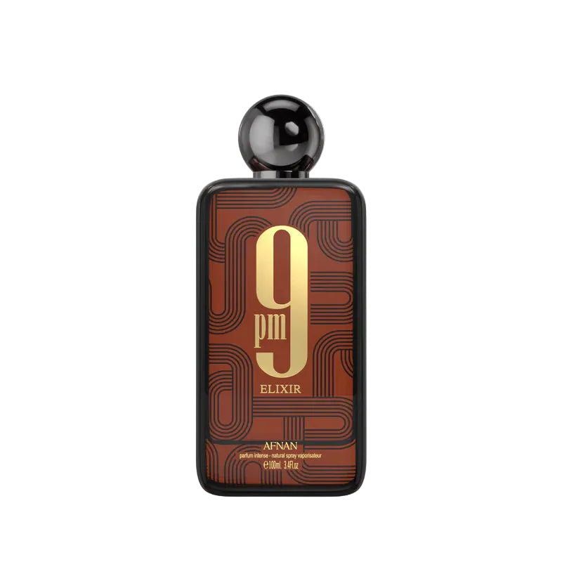 Perfume bottle labeled '9 pm Elixir' by Afnan on a light gray background