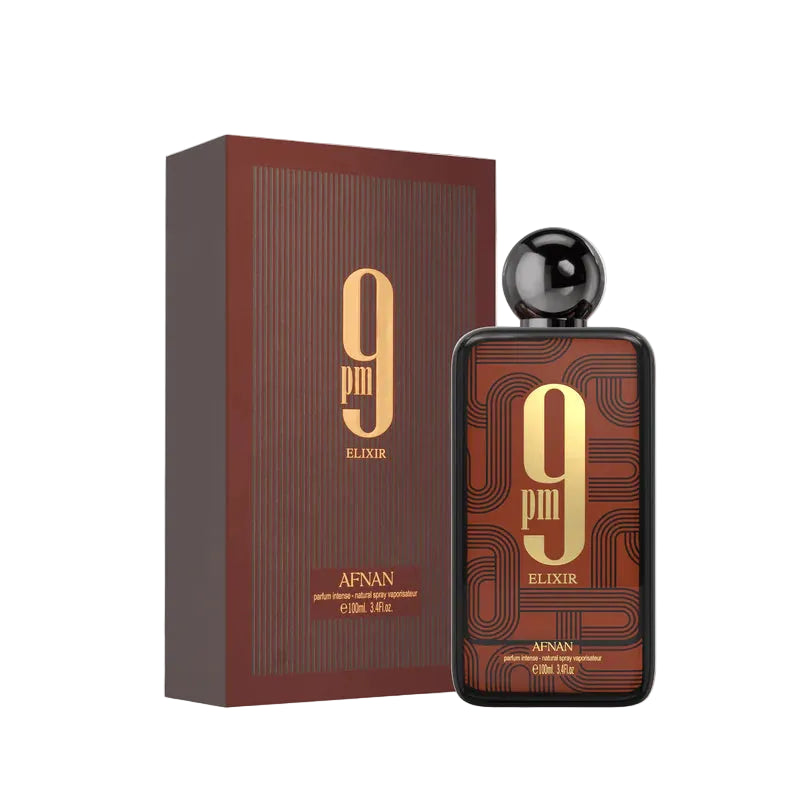 Afnan 9 Elixir perfume bottle and packaging on a white background