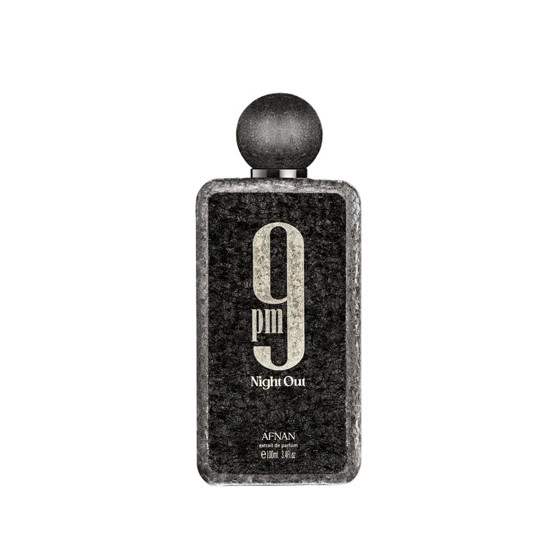 Perfume bottle labeled '9 PM Night Out' by Afnan on a light gray background