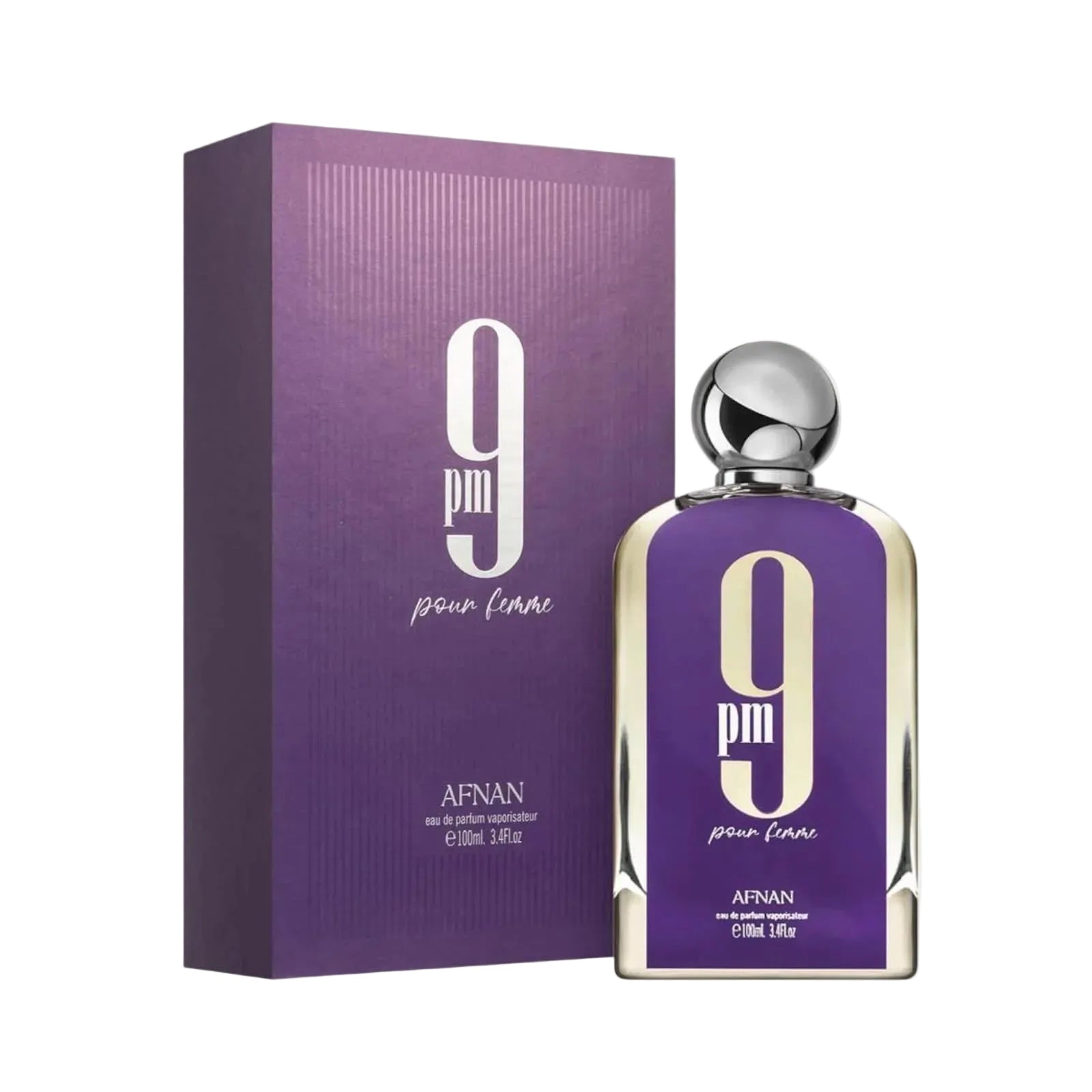 Afnan 9 Pour Femme perfume bottle and packaging on a white background
