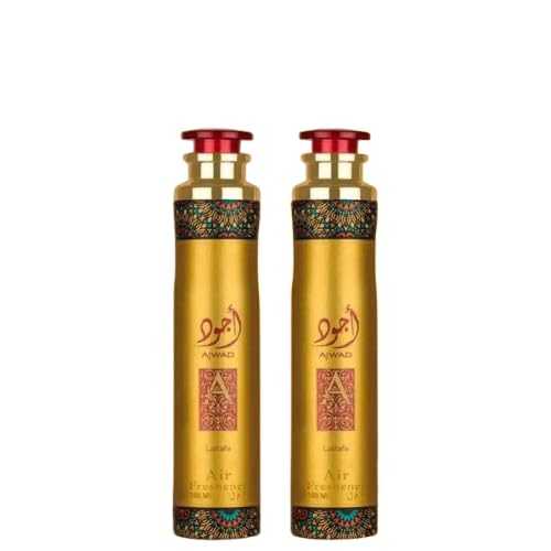 Two Ajwad Air Freshener Premium Gold bottles with decorative labels on a white background