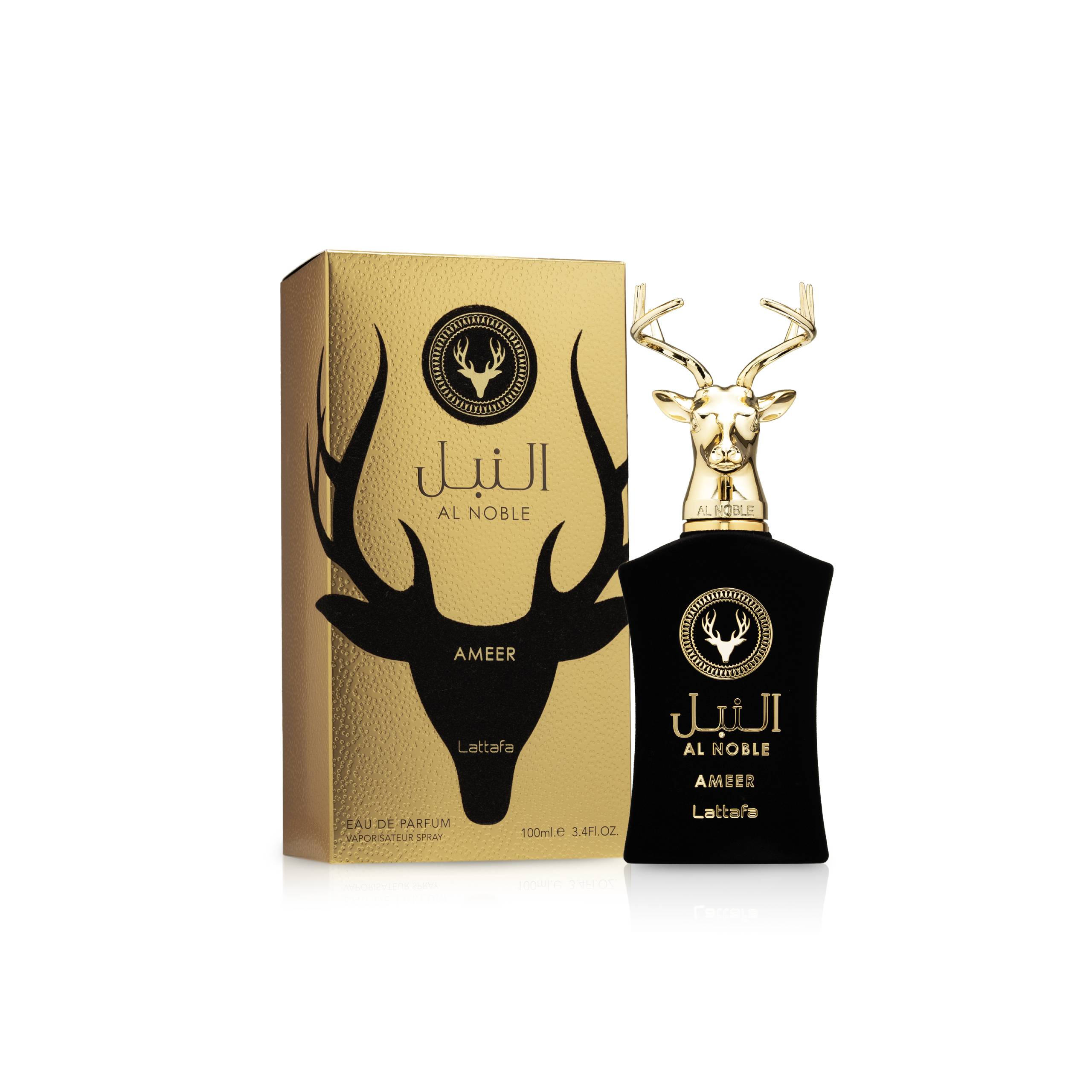 Lattafa Al Noble Ameer Eau de Parfum 100ml perfume bottle with gold stag cap and box
