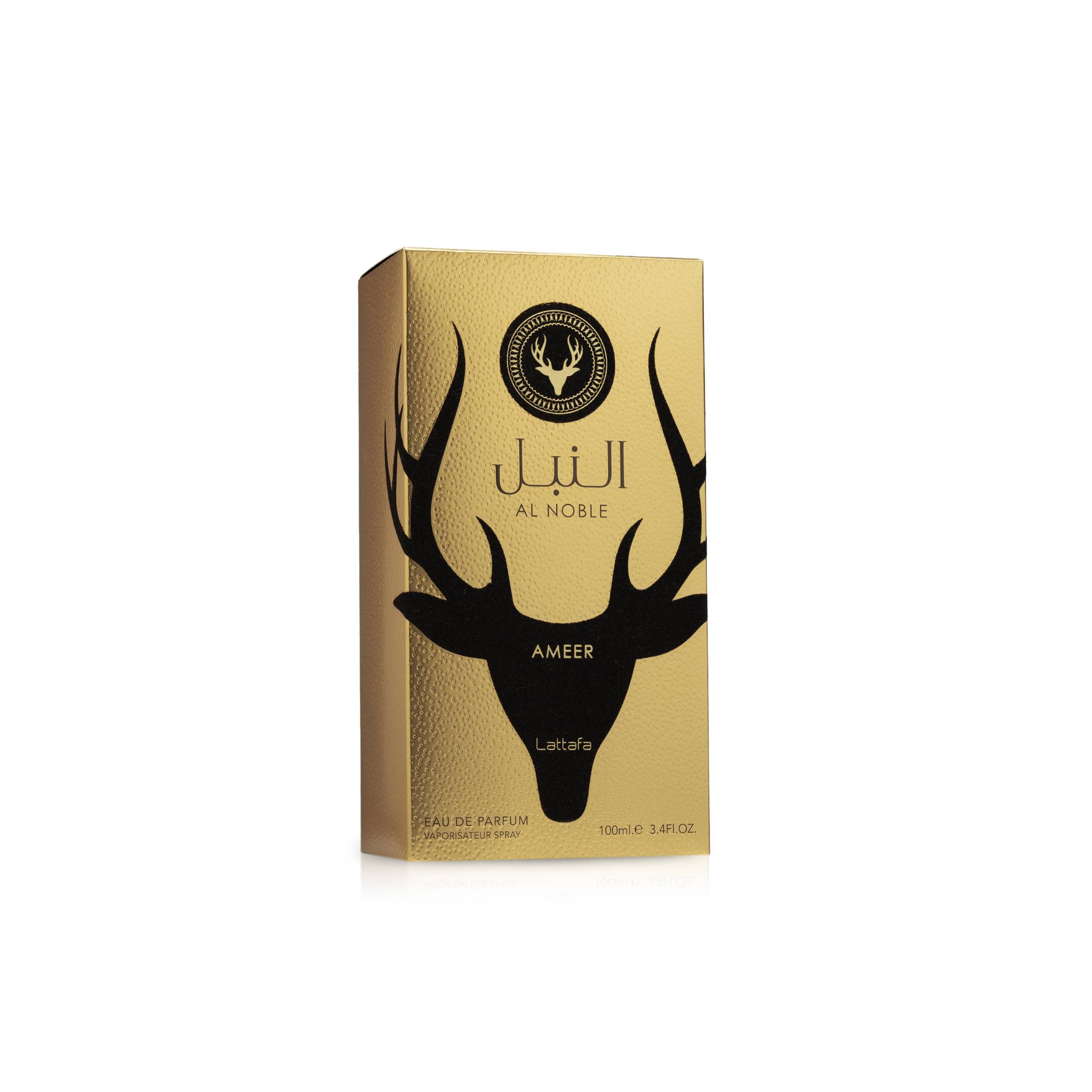 Lattafa Al Noble Ameer Eau de Parfum 100ml perfume bottle with gold stag cap and box