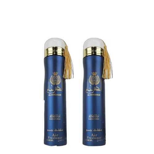 Two blue Al Dirgham Limited Edition Air Freshener Spray with gold accents and tassels on a white background