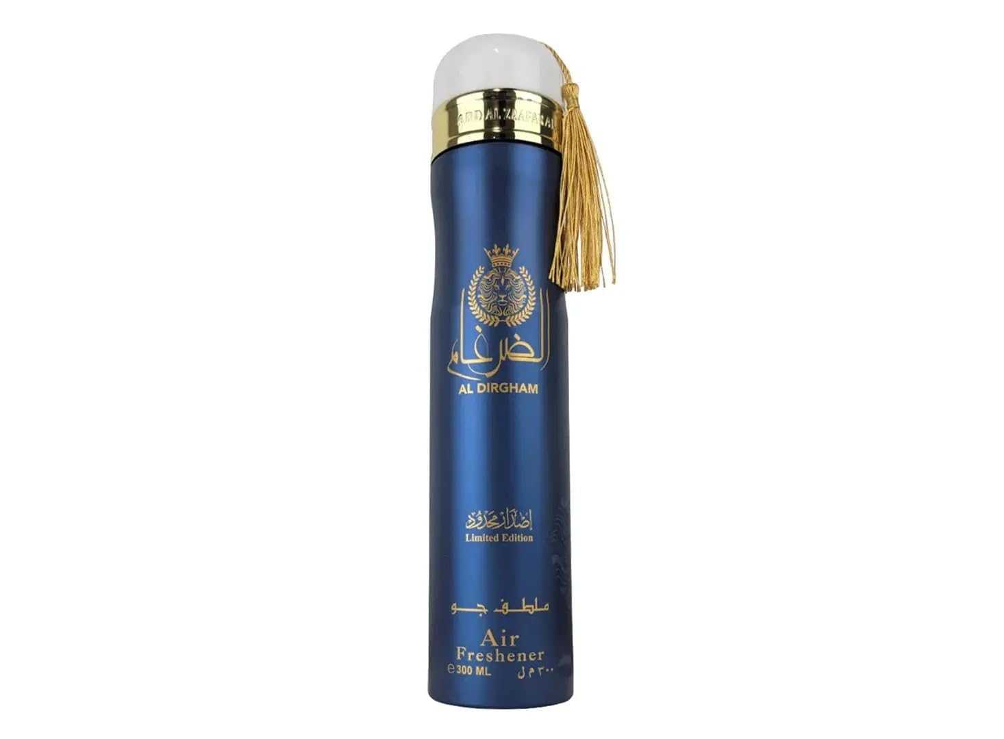 Blue Al Dirgham Limited Edition Air Freshener Spray bottle with gold accents on a white background