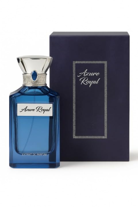 Blue perfume bottle and packaging with 'Azure Royal' branding on a white background