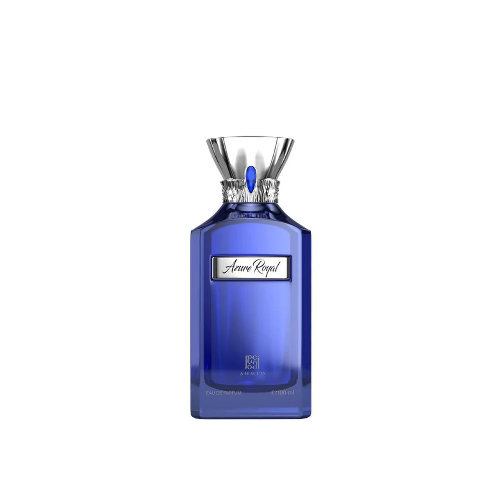Blue perfume bottle with silver cap on a white background