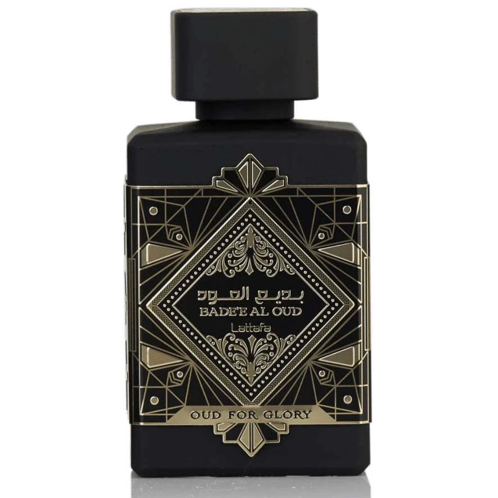 Black Badee Al Oud Eau De Parfum bottle with gold decorative elements on a white background