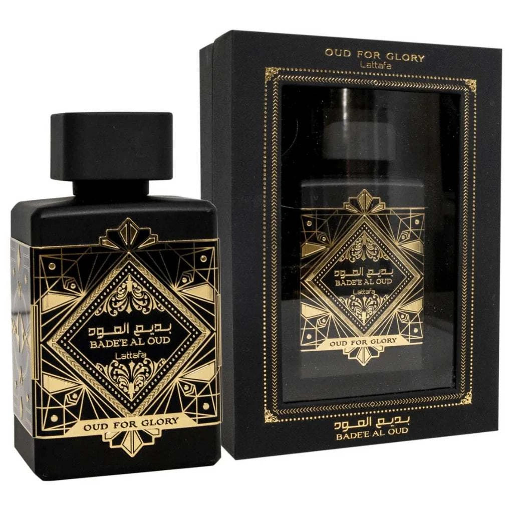 Black and gold Badee Al Oud Eau De Parfum bottle and packaging with 'Oud for Glory' branding.