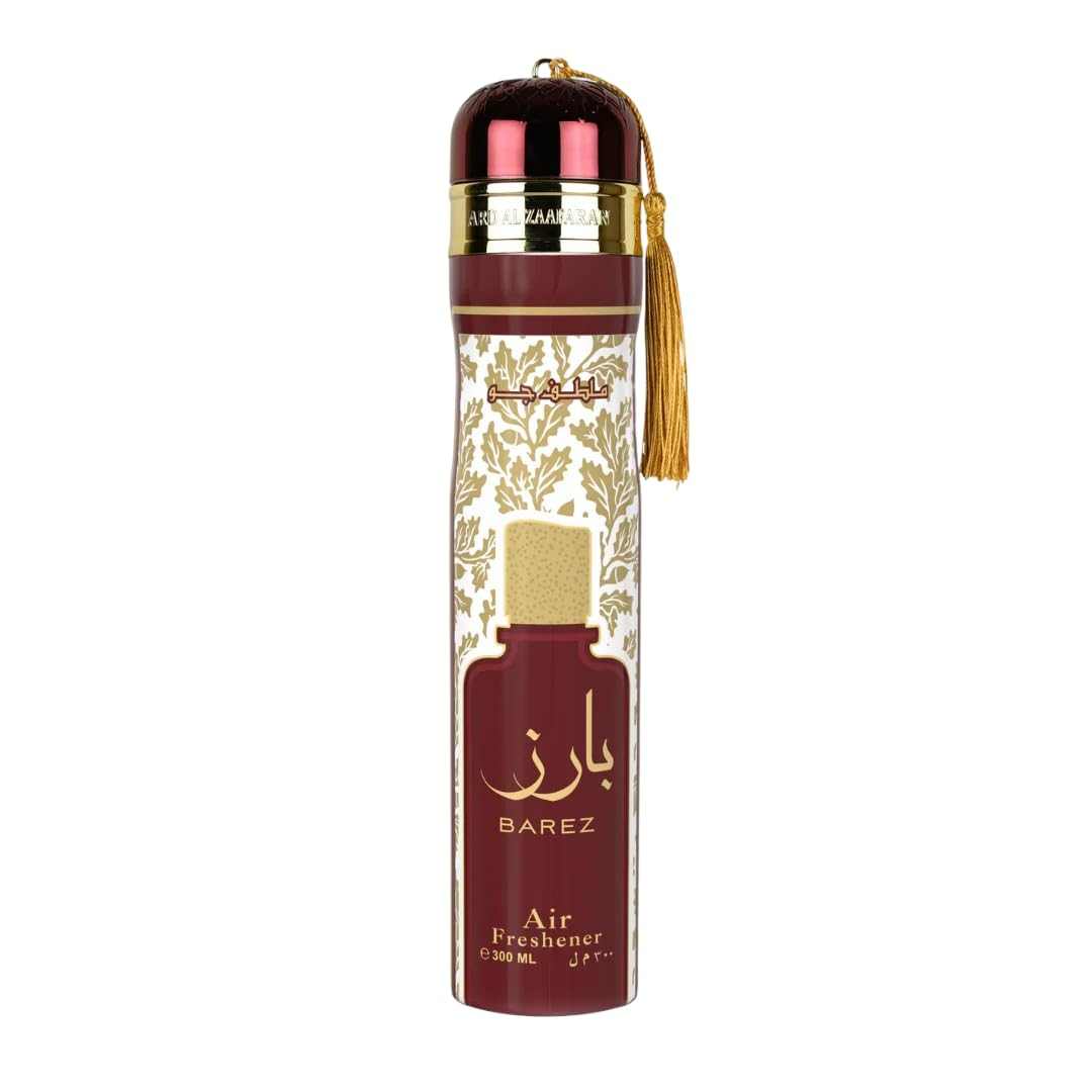 Barez Air Freshener Spray with gold accents on a white background