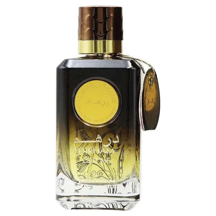 Dirham Oud 100ml Eau de Parfum bottle with gold cap and decorative label on a white background