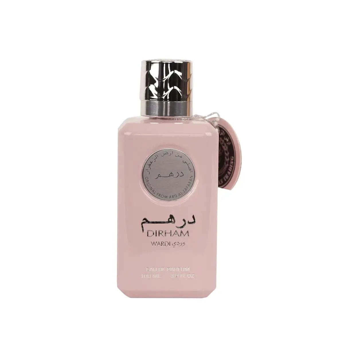 Pink Dirham Wardi Eau de Parfum bottle with silver cap on a white background