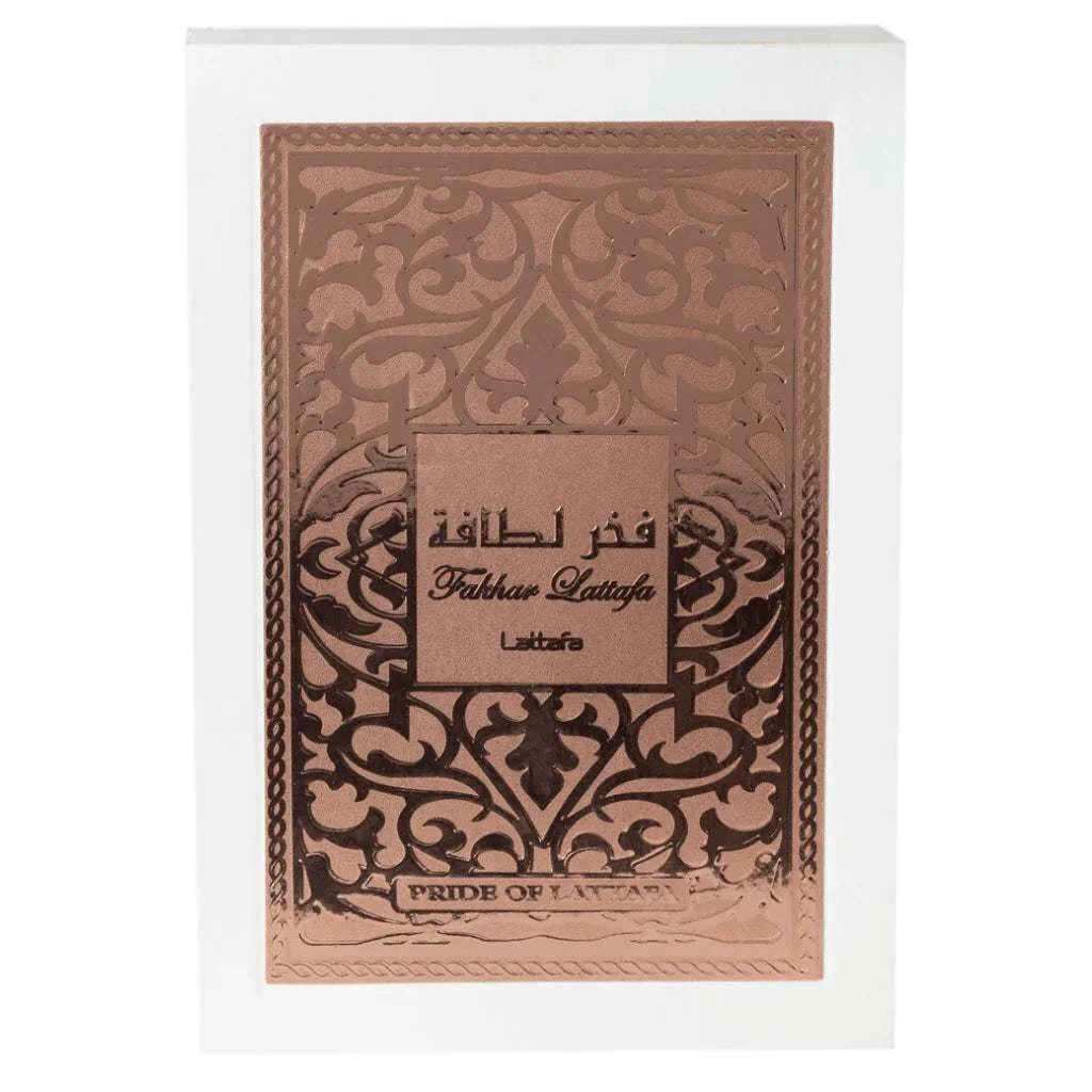 Fakhar Lattafa Eau De Parfum decorative box with intricate patterns and text on a white background