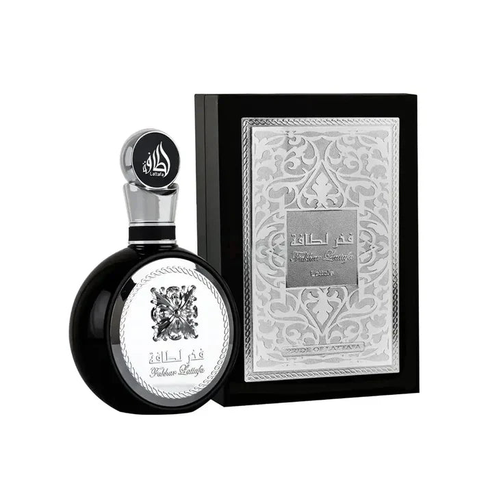 Lattafa Fakhar Lattafa men's eau de parfum 100ml black bottle with silver ornate box packaging