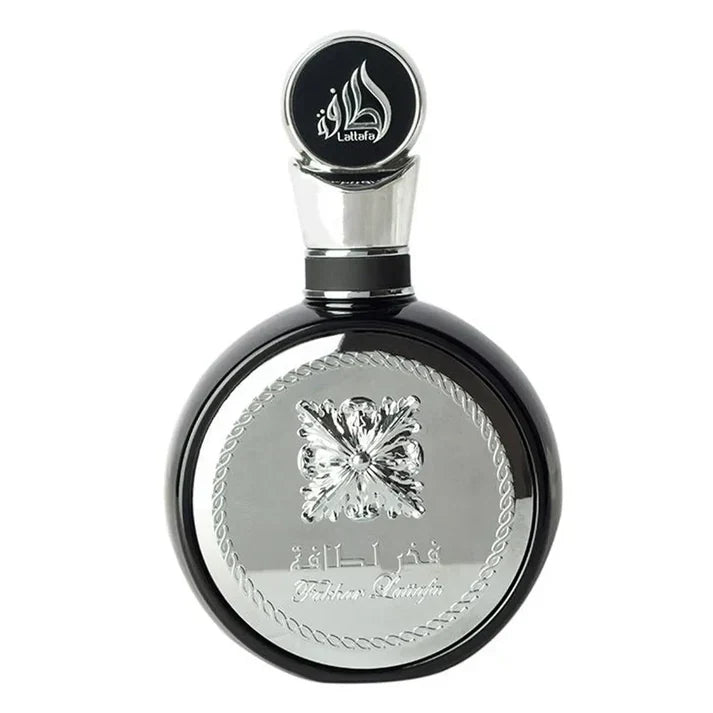 Lattafa Fakhar Lattafa men's eau de parfum 100ml bottle with silver and black design