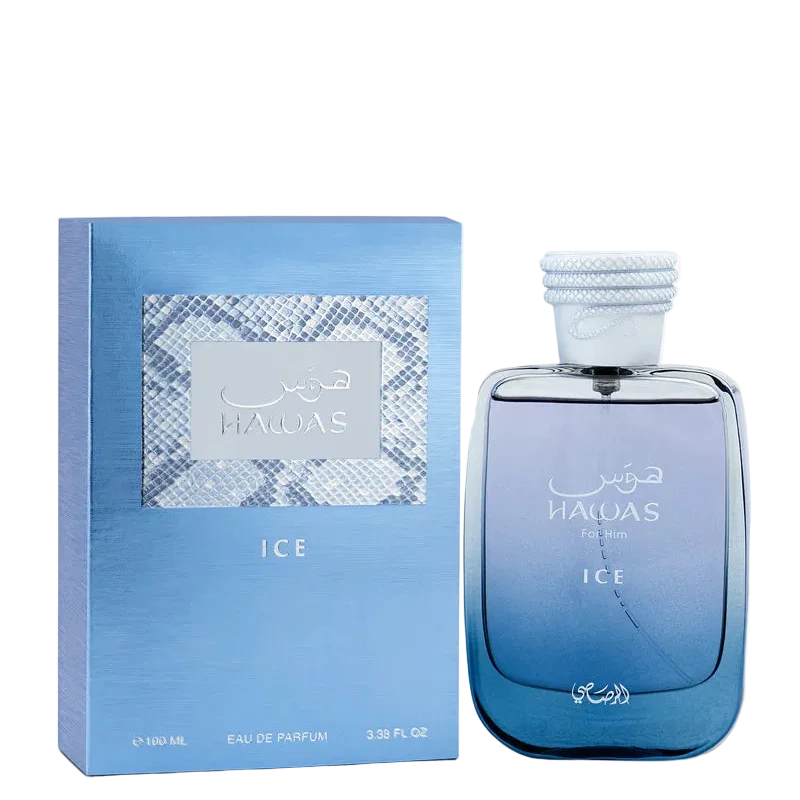 Blue Haldas Ice perfume bottle and packaging on a white background