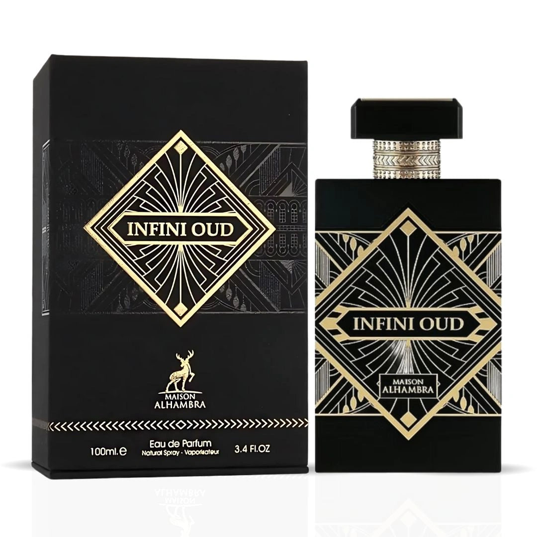 maison alhambra infini oud eau de parfum 100ml black and gold arabic oud perfume bottle and box