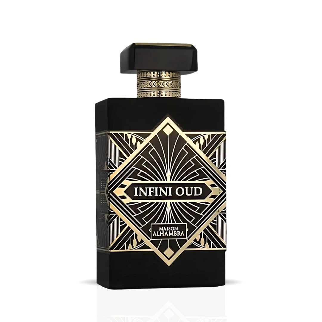 maison alhambra infini oud eau de parfum 100ml black and gold arabic oud perfume bottle and box