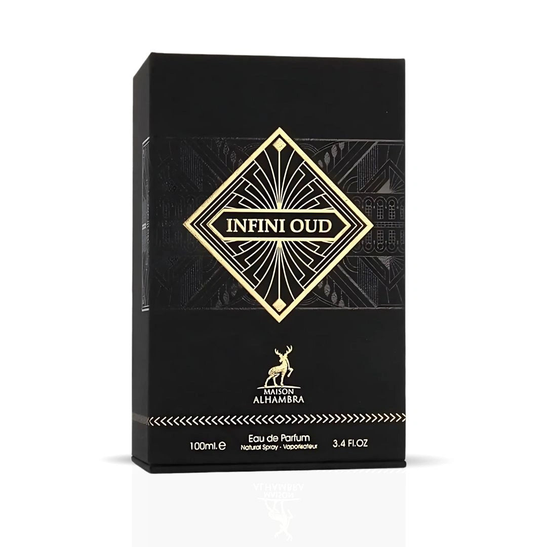 maison alhambra infini oud eau de parfum 100ml black and gold arabic oud perfume bottle and box