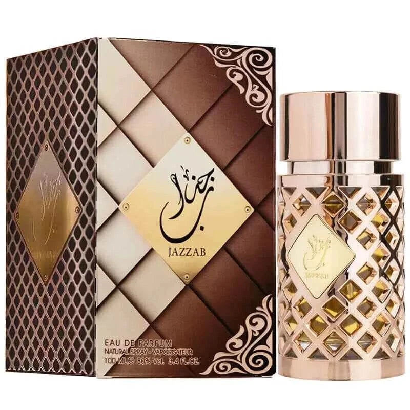 Jazzab Rose Gold Eau de Parfum bottle and packaging with intricate design