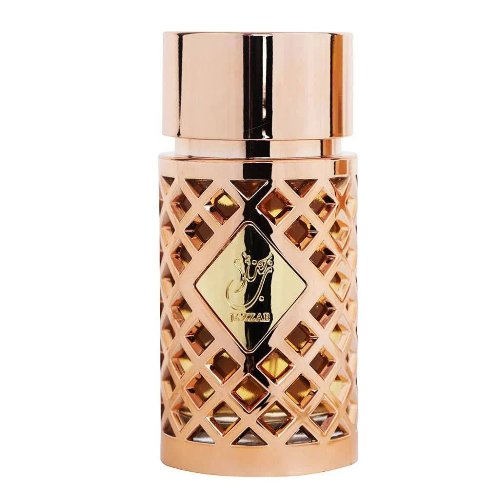 Jazzab Rose Gold Eau de Parfum bottle with geometric design on a white background