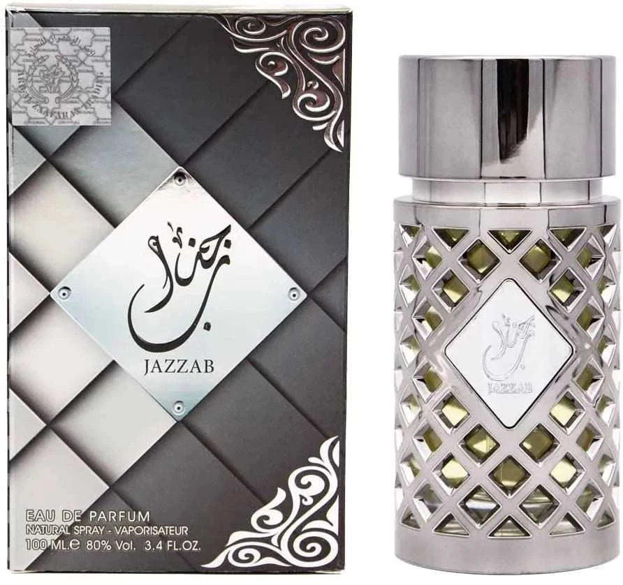 Jazzab Silver Eau de Parfum bottle and packaging with intricate design