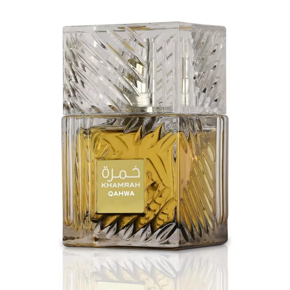 Khamrah Qahwa Eau de Parfum bottle with gold liquid and 'Khamrah' label on a white background