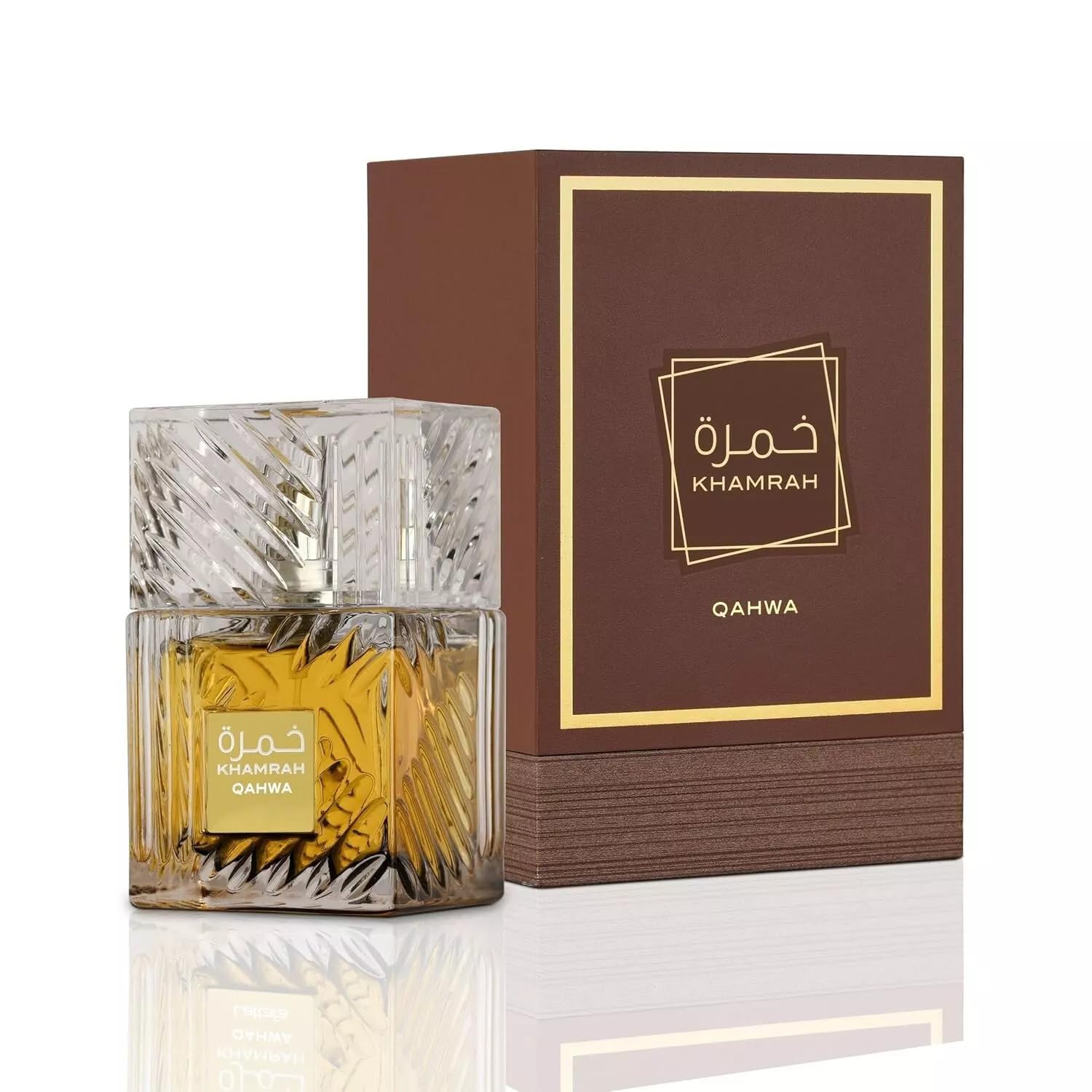 Khamrah Qahwa Eau De Parfum bottle and packaging on a white background