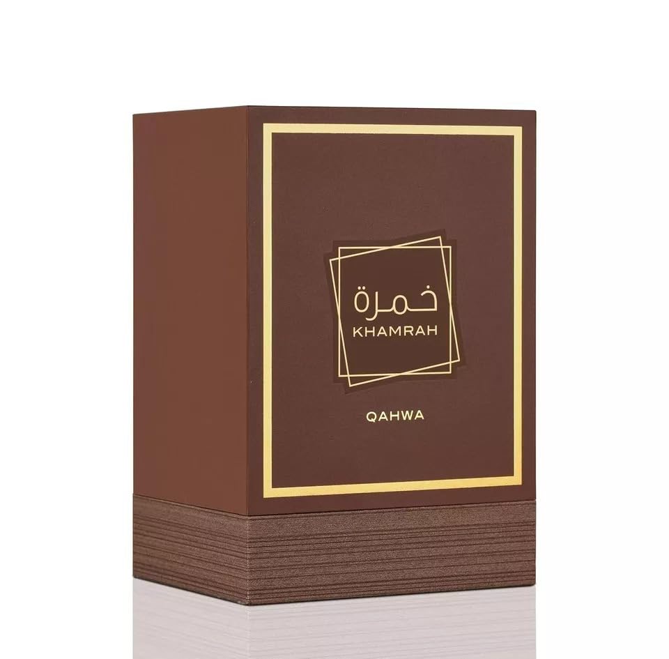 Brown box with gold accents featuring Khamrah Qahwa Eau De Parfume on a white background