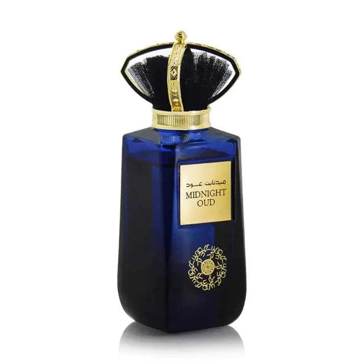 Blue Midnight Oud 100ml Eau de Parfum bottle with gold accents on a white background