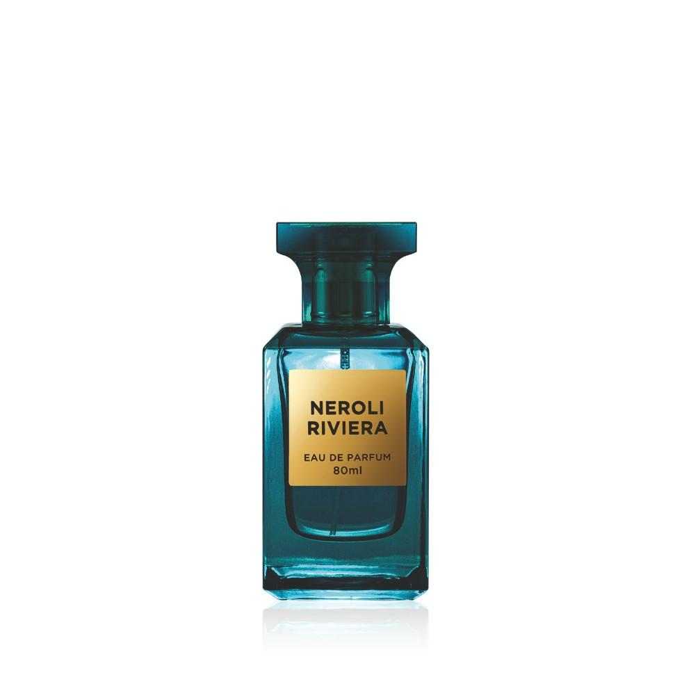 Blue perfume bottle labeled Neroli Riviera Eau De Perfum on a white background