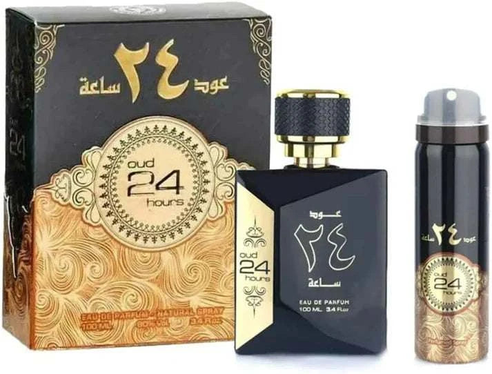 Oud 24 Hours Eau de Parfum bottle and packaging on a white background
