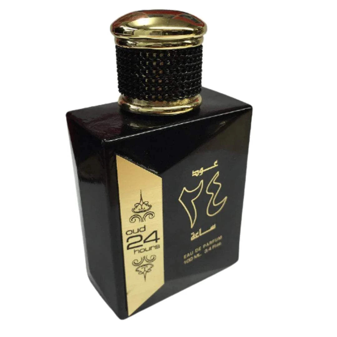 Black and gold Oud 24 Hours Eau de Parfum bottle with intricate design on a white background