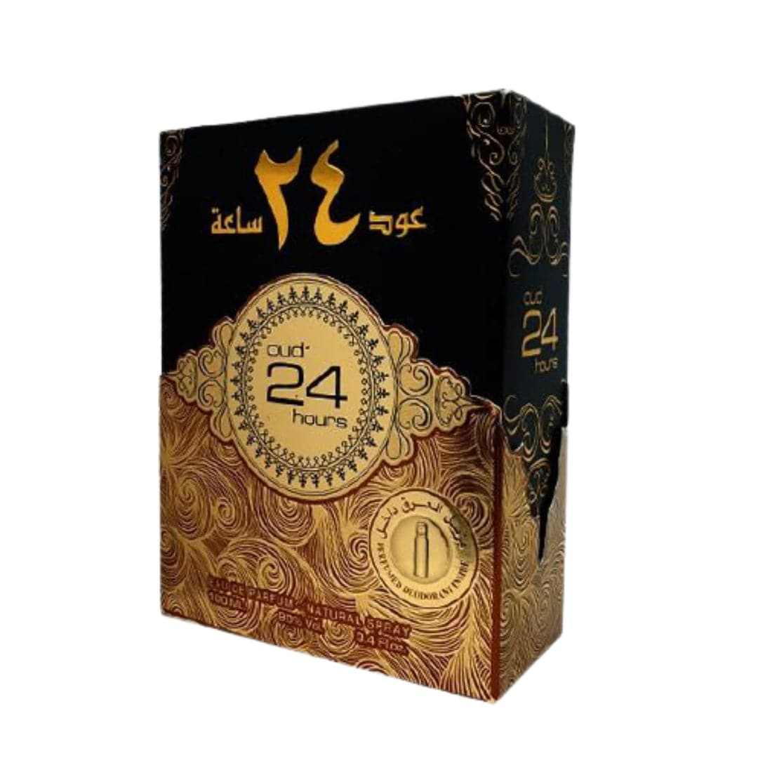 Decorative box of Oud 24 Hours Eau de Parfum with gold and black design