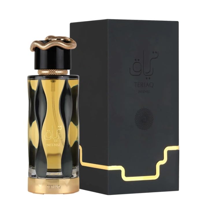 teriaq intense eau de parfum 100ml luxury arabic oud perfume
black and gold arabian perfume bottle with box
teriaq intense oud amber fragrance for men and women