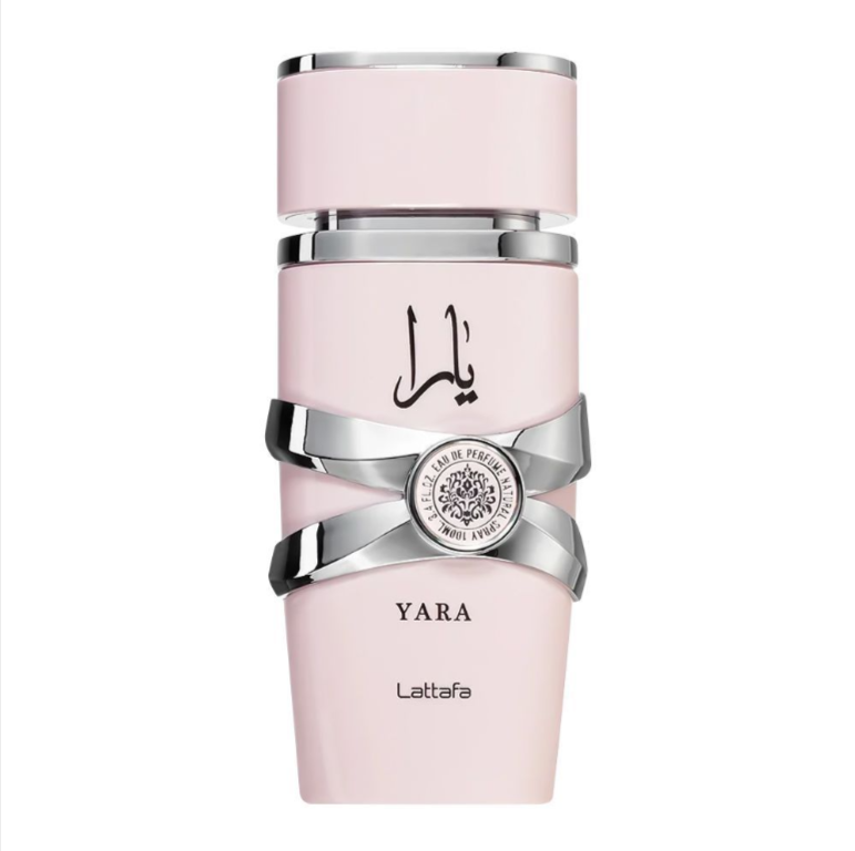 Yara Pink Eau De Parfum bottle with silver accents on a white background
