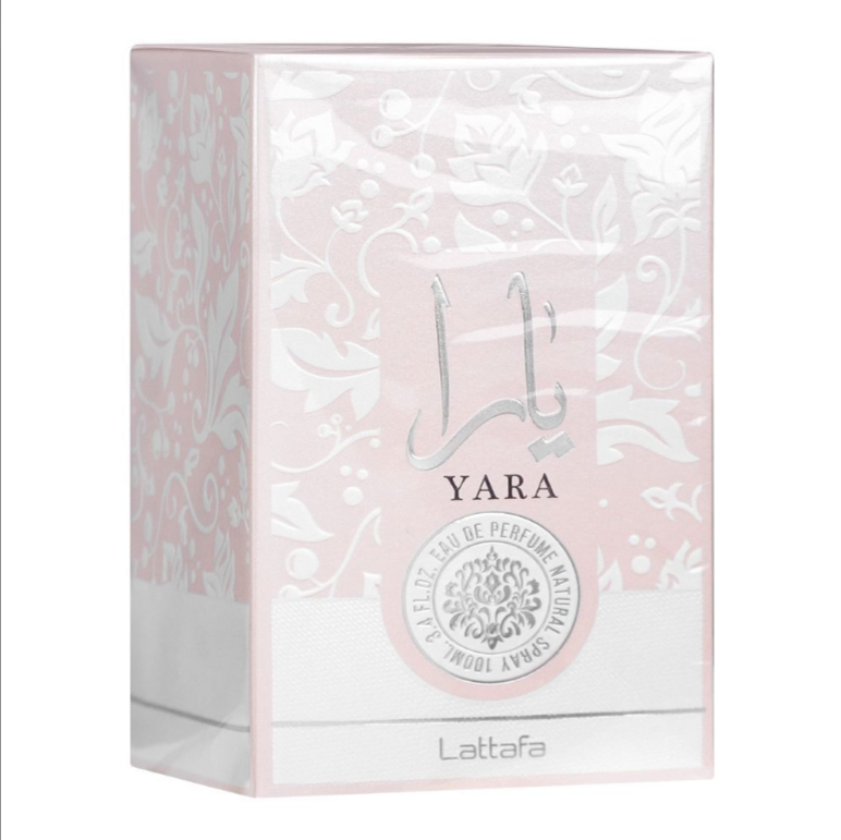 Yara Pink perfume box with intricate designs and branding.