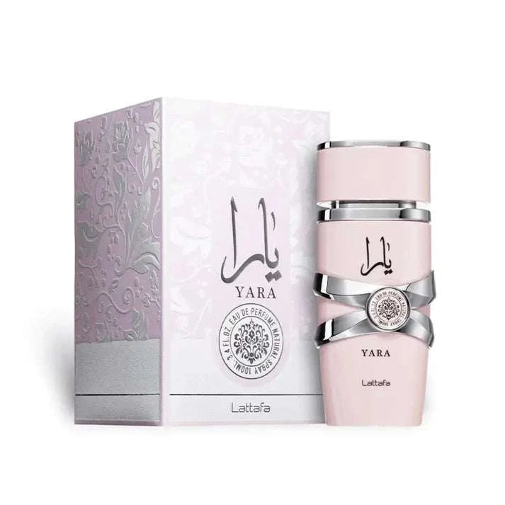Yara Pink Eau De Parfum bottle with packaging on a white background