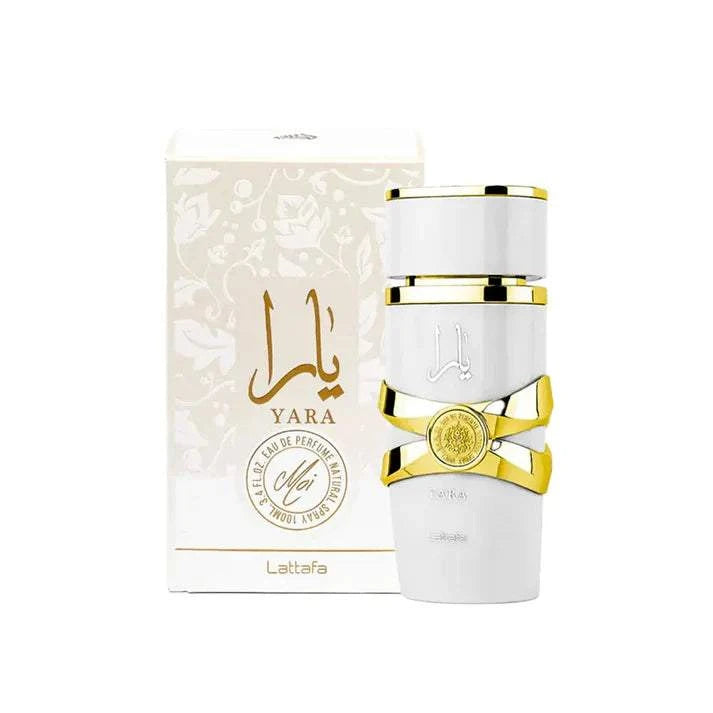 White and gold Yara Moi Eau De Parfume bottle with packaging on a white background