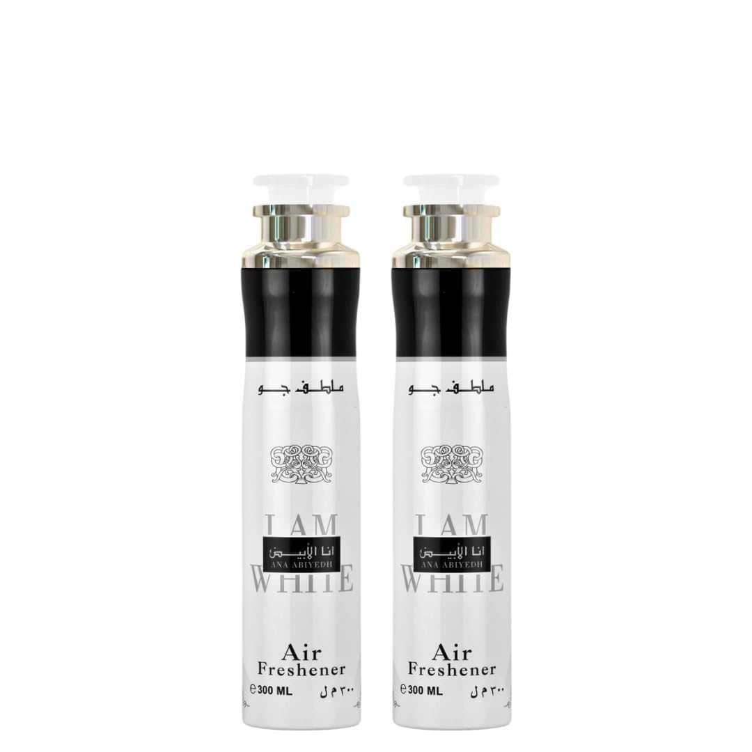 Two I am white air freshener bottles with white labels and black accents on a white background