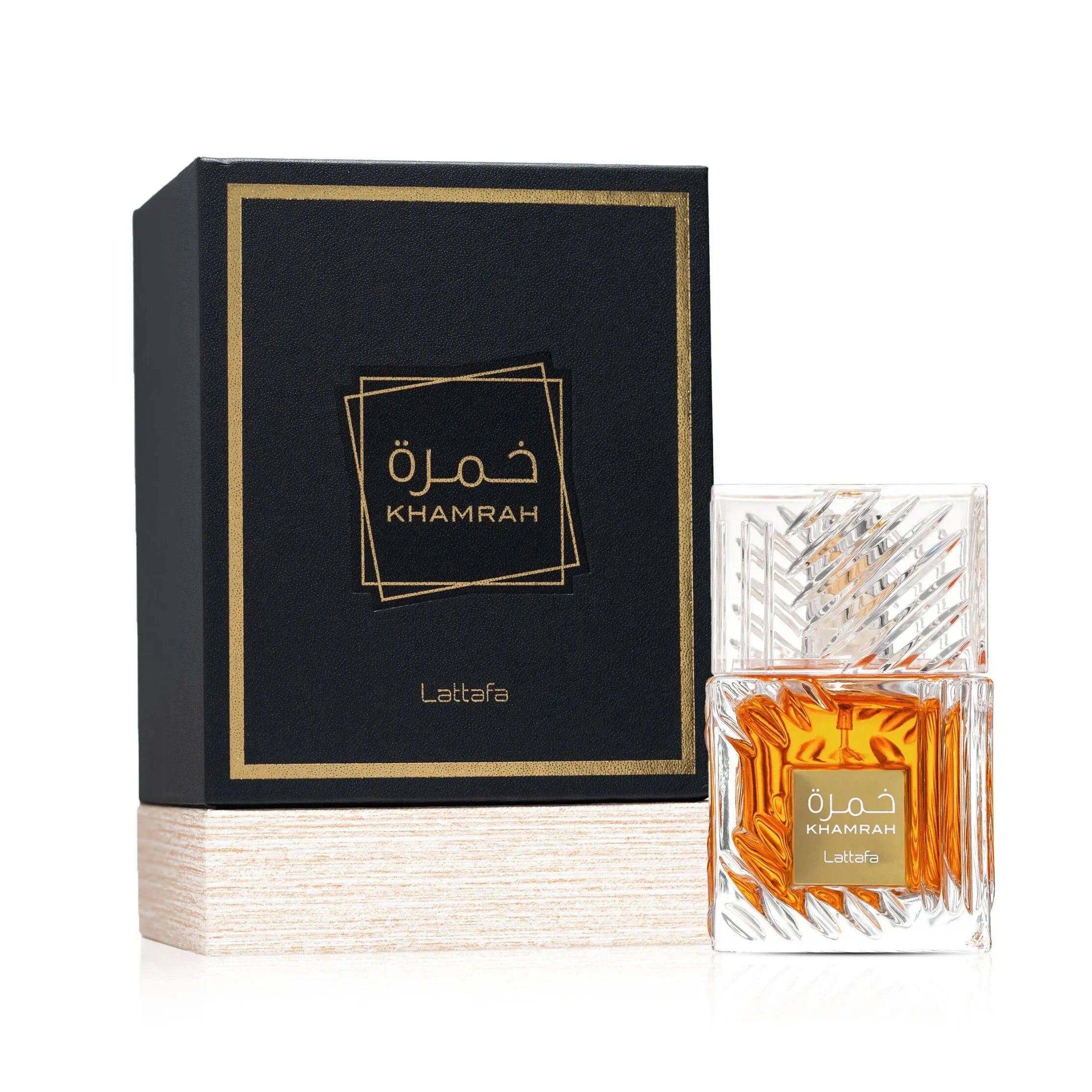 Khamrah perfume bottle and packaging on a white background